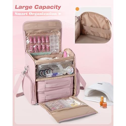 Nail Polish Organizer Bag Holds 70 Bottles and Nail Lamp, Nail Polish Storage Case with 2 Removable Bags and Multiple Pockets, Pink