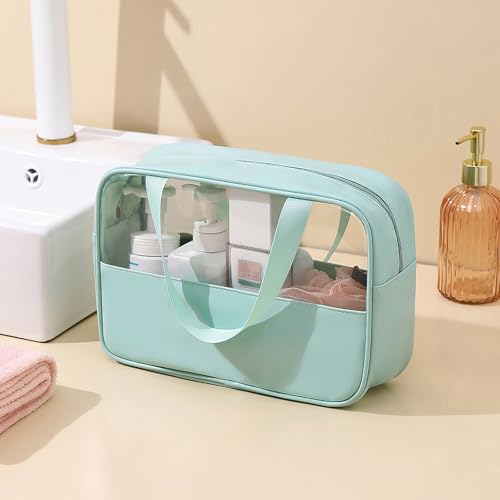 3 Pack/Size Waterproof Travel Toiletry Bag, Clear Cosmetic Makeup Bags PVC and Mint Green PU Splicing, TSA Approved Carry on Pouch, Portable Travel Organizer for Vacation, Bathroom, Airplane