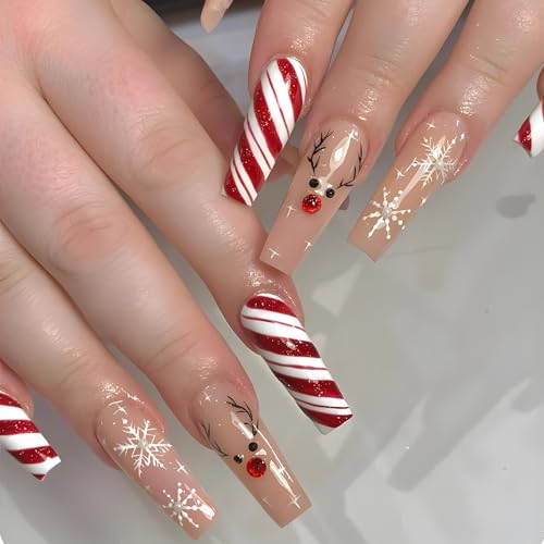 Christmas Press on Nails Long Coffin Fake Nails Red White Swirl with Snowflake Elk Design Glue on Nails Rhinestones Glitter Full Cover Artificial Acrylic Stick on False Nails for Women Manicure 24Pcs