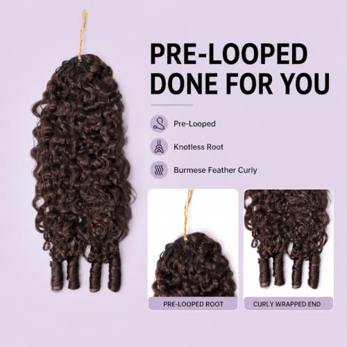 #4 Burmese Curly Feather Crochet Human Hair Extensions - 22 Inch, 50g, Pre-Looped, Knotless, Reusable, Natural Texture