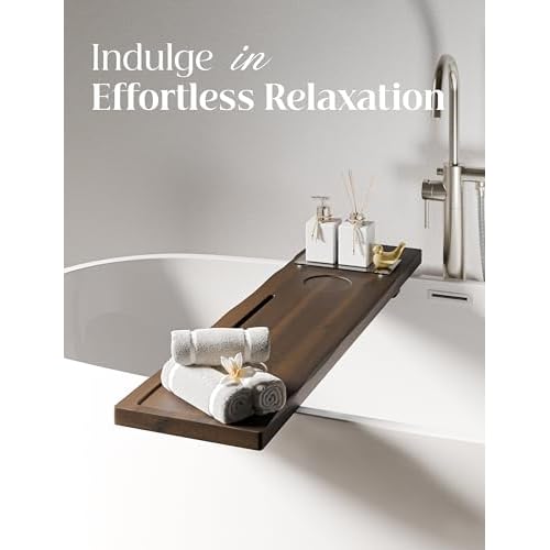 Tinamo Acacia Bathtub Tray Caddy with Adjustable Legs - Bath Tub Tray for Freestanding Tubs - 39x9.75 Inch Large Wooden Anti-Tipping Tub Tray for Bathtub with Accessories Holders (Walnut, 39x9.75)