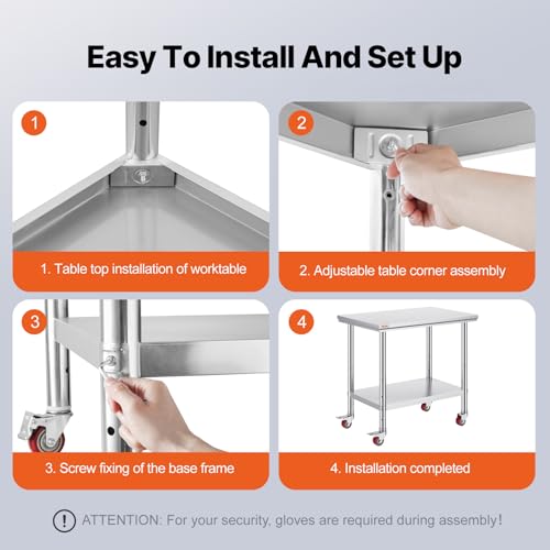 Stainless Steel Work Table 36x24 Inch with Casters - Heavy Duty Food Prep Table for Commercial Kitchen - Variation of Worktable