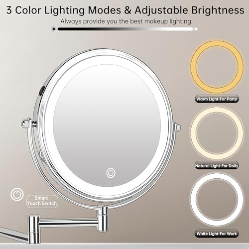 JANEEVA Chrome 8-Inch Wall Mounted Lighted Makeup Mirror 1X/10X Magnification, Touch Dimmable, 360° Swivel