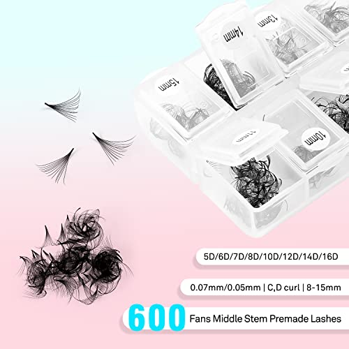 VAVALASH 600 Fans Premade Fans Eyelash Extensions 5D 6D 7D 8D 10D 12D 14D 16D 24D Premade Lash Fans 8-15mm Mixed Length Promade Loose Fans Thin Base Premade Volume Lash Extension(12D-0.05-D-8-15mm)