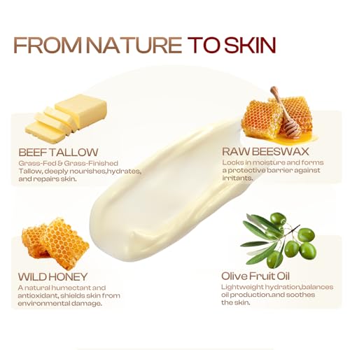 SADOWAY Beef Tallow for Skin: Handmade Beef Tallow for Face - Organic Grass-Fed Whipped Beef Tallow and Honey Balm Tallow Face Moisturizer Smooth Soft for Dry Skin