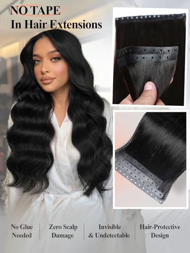 20 Inch Black Human Hair Extensions Micro Ring Weft - Glueless Natural Black Remy Hair Set 35g