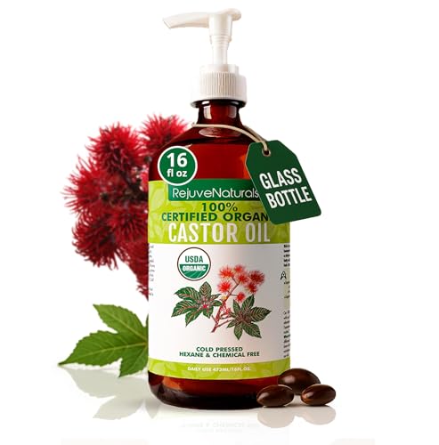 RejuveNaturals Organic Castor Oil 16oz Glass Bottle - Unscented, USDA Certified, Cold Pressed Hair & Skin Growth Remedy