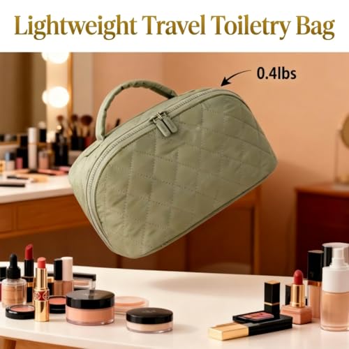 Lay Flat Makeup Bag Organizer for Women Large Capacity Travel Toiletry Bag Wide Open Cosmetic Bags Puffy Makeup Case with Compartments Waterproof Pouch for Toiletries & Brushes (Green)