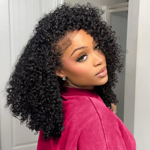 Lace Wigs 17/18 Inch Transparent Lace Human Hair Half Wig 3-in-1 Kinky Curly Flip Over with Drawstring