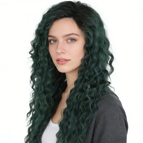 Long Curly Green Wig for Women - Deep Emerald 26 Inch Costume & Cosplay Hair