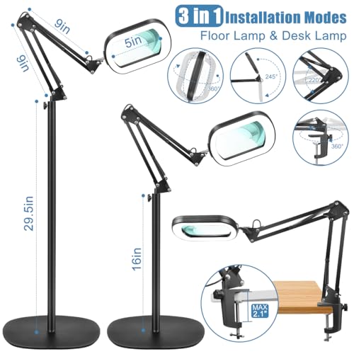 IVMAIE 12X Magnifying Glass with Light & Stand - Black, 5 Color Modes Dimmable LED, Hands-Free Floor & Clamp Lamp, Reading & Crafting