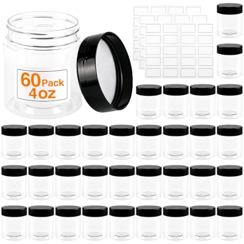 60 Pack 4 Oz Plastic Cosmetic Jars with Lids Labels - Slime & Beauty Storage - Variation of THIS listing