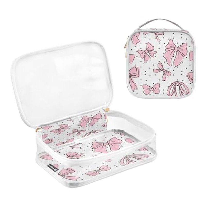 Kigai Pink Bow Makeup Bags for Women and Girls Waterproof Portable Cosmetic Bag Clear Toiletry Bag with Zipper & Handle Travel Accessories Organizer, 2 Pack
