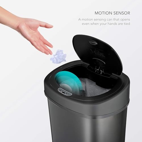 13 Gallon Motion Sensor Trash Can - Black Stainless Steel, Hands-Free Lid