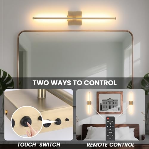 KELUOLY Brushed Bronze Battery Operated Wall Sconces Set of 2 - Rechargeable, Dimmable, 350° Rotatable, Remote Control, 3 Color Temps