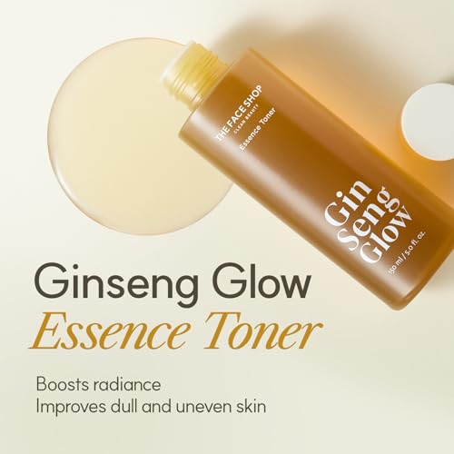 The Face Shop Ginseng Glow Essence Toner - Improves Skin Elasticity, Glowy Finish, for Dull & Dry Skin, with Korean Ginseng, Anti Aging, Korean Skincare, 150ml / 5.0 fl. oz.