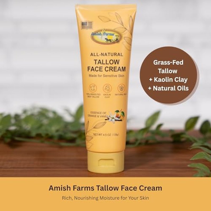 Amish Farms Tallow Face Moisturizer ? Handcrafted Grass-Fed Beef Tallow Face Cream with Kaolin Clay, Natural Oils, Orange & Vanilla (4.5 oz Tube)