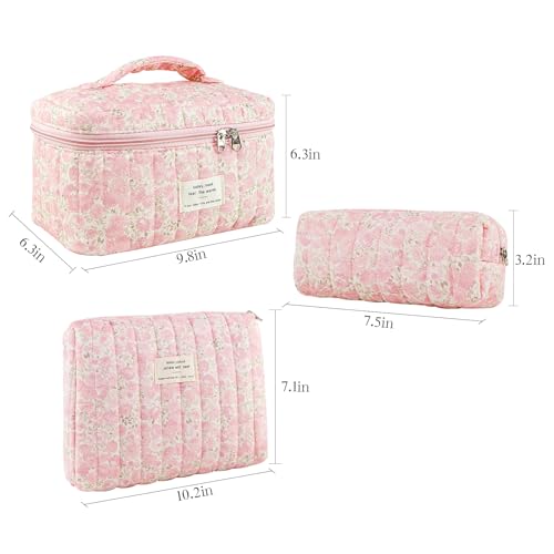 Pink Floral Quilted Makeup Bag Set – Large Travel Cosmetic Pouches for Women and Girls