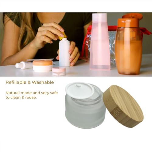 Empty Refillable Frosted Glass Cosmetic Cream Jar 4 Pack 6.7 OZ/200g with Bamboo Lids,Skin Care Travel Containers Pot for Clay Masks,Butter,Body Scrub,Lip Balm, Ointments, Lotion Frost