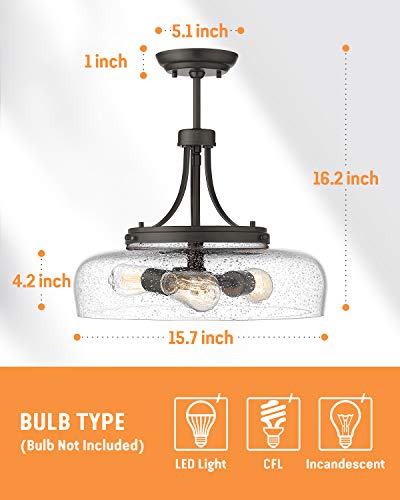EAPUDUN Farmhouse Semi Flush Mount Ceiling Light - 3-Light Oil-Rubbed Bronze Pendant Fixture with Seeded Glass Shade