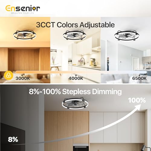Ensenior 24 Inch Black Flush Mount Ceiling Fan with Lights & APP Control