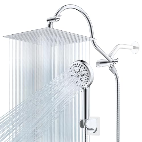 Square 12-Inch All Metal Rainfall Shower Head with Handheld Spray - Chrome Finish