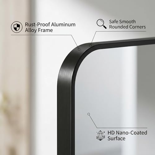 Black Bathroom Mirror 30x48 Inches Wall-Mounted Frameless Tempered Glass