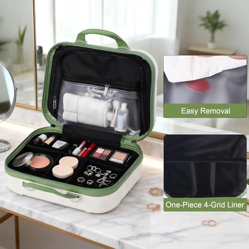 14 Inch Hard Shell Makeup Train Case with Green & Beige Variation - Travel Cosmetic Organizer