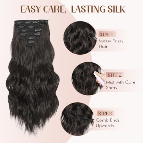 Dark Brown 24 Inch Clip-In Wavy Hair Extensions - 6PCS Long Hairpieces for Women