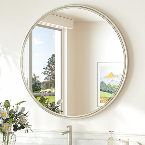 TokeShimi 24x24 Inch Round Bathroom Mirror Brushed Nickel Wall Mirror, Tempered & Shatterproof, Farmhouse Style for Bedroom, Entryway & Restroom
