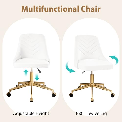 VECELO Cream White Velvet Vanity Desk Chair with Height Adjustment & 360° Swivel, Gold Base