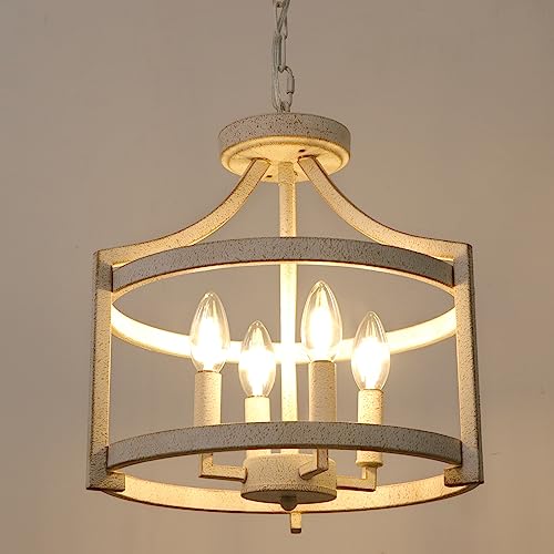 4-Light Farmhouse Chandelier - Distressed White Ceiling Light Fixture with Adjustable Height