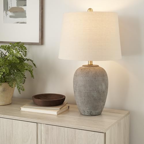 Rustic Farmhouse Ceramic Table Lamp with Beige Linen Shade - 23 Inch Greyish Brown