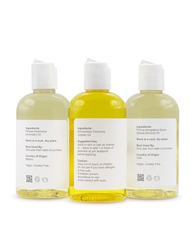 Pure Organic Carrier Oils Pack of 3 - Almond, Jojoba, Avocado, 8 fl oz Each