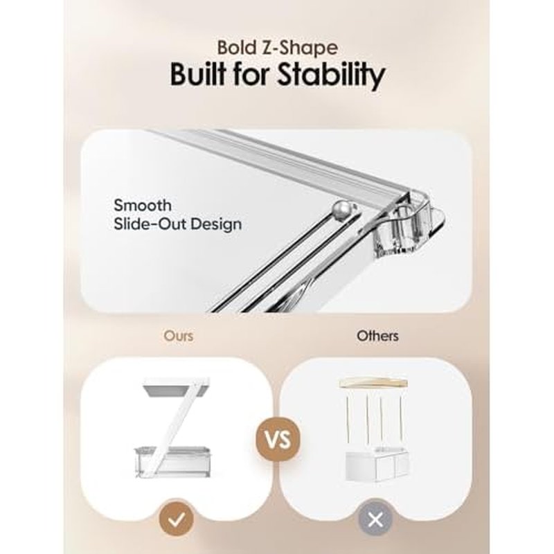 2 Tier Bathroom Countertop Organizer, Z-Shaped Vanity Organizer with Sliding Tray & Drawer, Skincare, Makeup & Perfume Storage Organizer, Acrylic office, Dresse & Desk Organizer