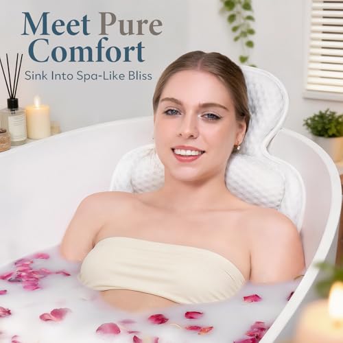 VOXOR White Extra Thick Bath Pillow with 54 Non-Slip Suction Cups - Comfortable Tub Cushion for Head Neck & Back Support