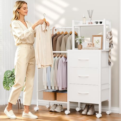 White Dresser with Double Hanging Racks, Wheels & Fabric Drawers - Bedroom Storage