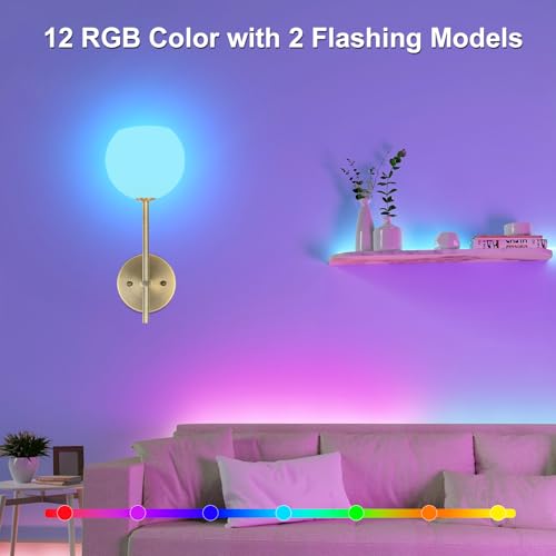 Brass Wireless Wall Sconces Set of 2 - Rechargeable RGB & Dimmable Wall Lights with Remote, Frosted Glass, No Wiring, for Bedroom & Living Room - Variation: Brass / 2-Lights