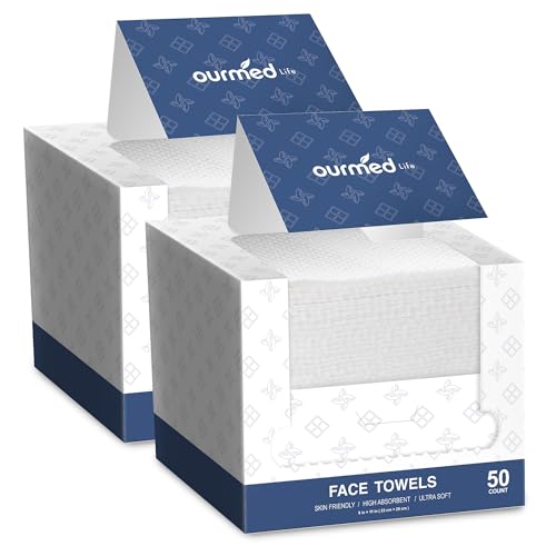 Ourmed Life Face Towels, 11"¡¿9" Disposable Face Towel ? Ultra-Soft, Thickened Facial Towelettes, Lint-Free Dry Wipes for Sensitive Skin, Ideal for Makeup Removal & Skincare (50 Count, 2 Pack)