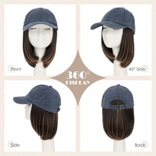 Blue Highlighted 6-Inch Distressed Baseball Cap Wig with Short Bob Hair for Women - Adjustable Vintage Hat Wig
