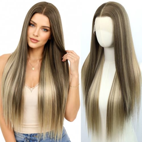Life Diaries 26 Inch Straight Synthetic Lace Front Wig for Women Dark Brown Blonde Highlights