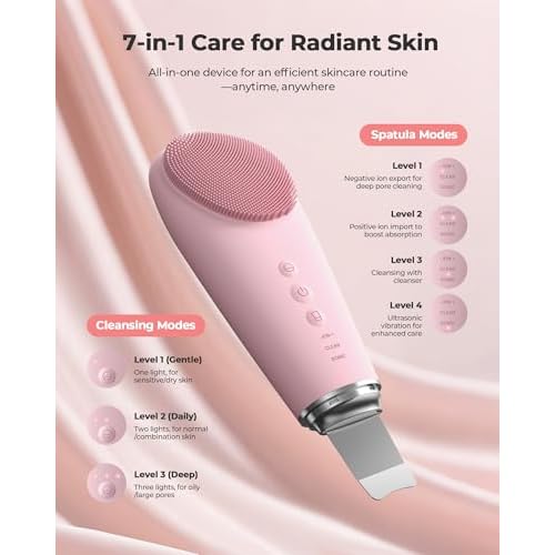 Facial Cleansing Brush & Massager, 2 in 1 Facial Skin Scrubber Waterproof and Rechargeable Face Scrub for Deep Cleansing Vibrating Exfoliator Scrubber Skin Care with 7 Modes, Gentle Exfoliating - Pink