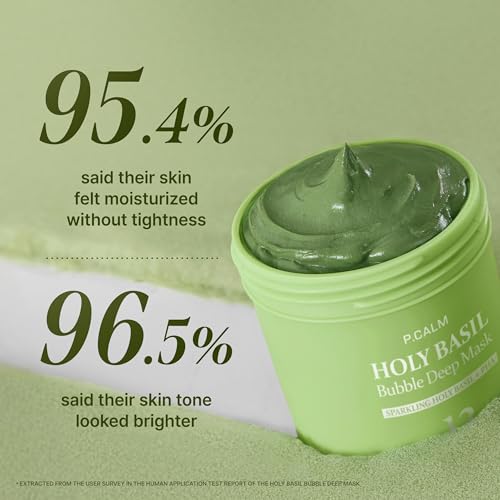 P.CALM Holy Basil Bubble Deep Mask 2EA + BRUSH ? Holy Basil & Carbonated Water for Cleansing Pores & Blackheads, Korean Clay to Bubble Wash-Off Pack, Stocking Stufffers (2EA x 90g / 3.17 oz)