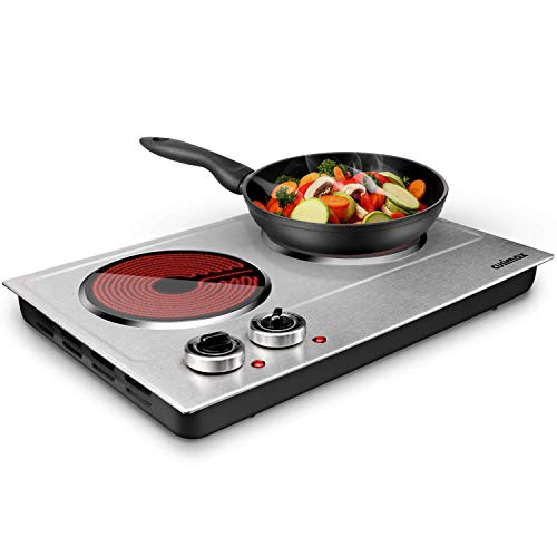 Double Burner Electric Hot Plate - 1800W Ceramic Portable Cooking Stove - Silver