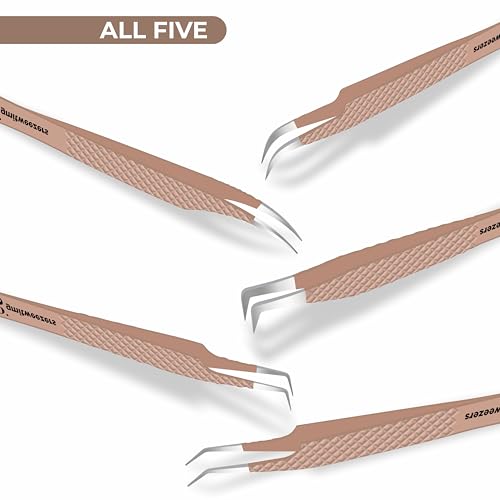 Nude Lash Tweezers Set of 5 - Stainless Steel Eyelash Extension & Makeup Tweezers