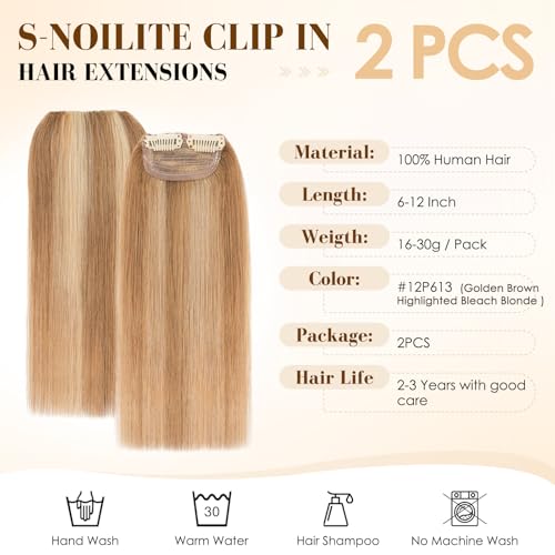 Clip-In Hair Extensions 10 Inch Thick Human Hair Short Volume Clip Set - Golden Brown & Bleach Blonde - Variation of THIS listing