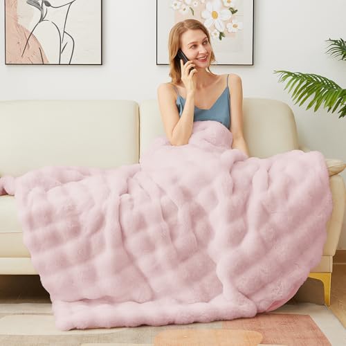 Latepis Faux Fur Twin Blanket 60x80 Light Pink Plush Warm Cozy Bed Couch