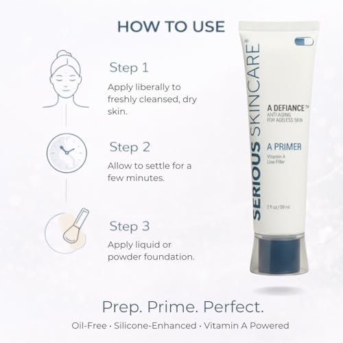 Serious Skincare A Primer Line Filler, Blur Pores, Lightweight Semi-Matte Makeup Facial Primer, Instant Glow, Smooth Fine Lines & Wrinkles, Oil-Free Vitamin A, For Flawless Skin, Pore Minimizer, 2 Oz