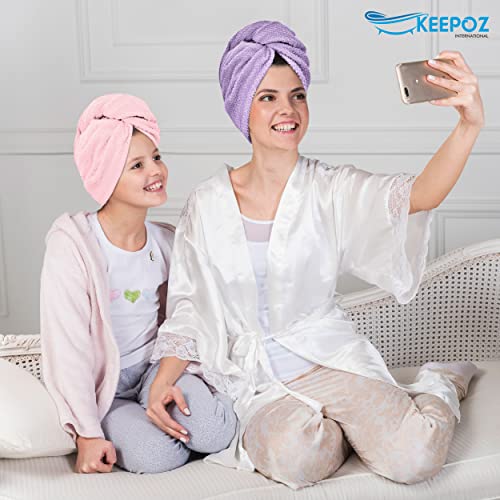 Hair Towel Wrap for Women - 100% Cotton Quick Dry Turban with Button - Lilac Pink Check, 2 Pack