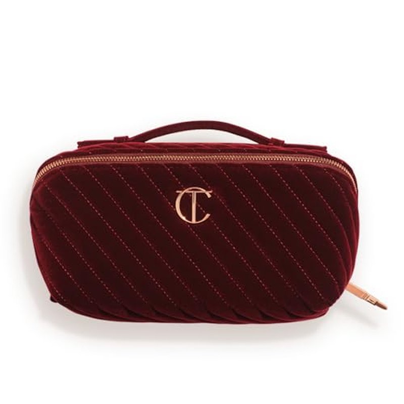 Charlotte Tilbury Travel Makeup Bag of My Dreams - Quilted Velvet Skincare, Fragrance & Cosmetic Organizer with 5 Compartments, Zip Pocket & Top Handle - Iconic Night Crimson Toiletry Bag
